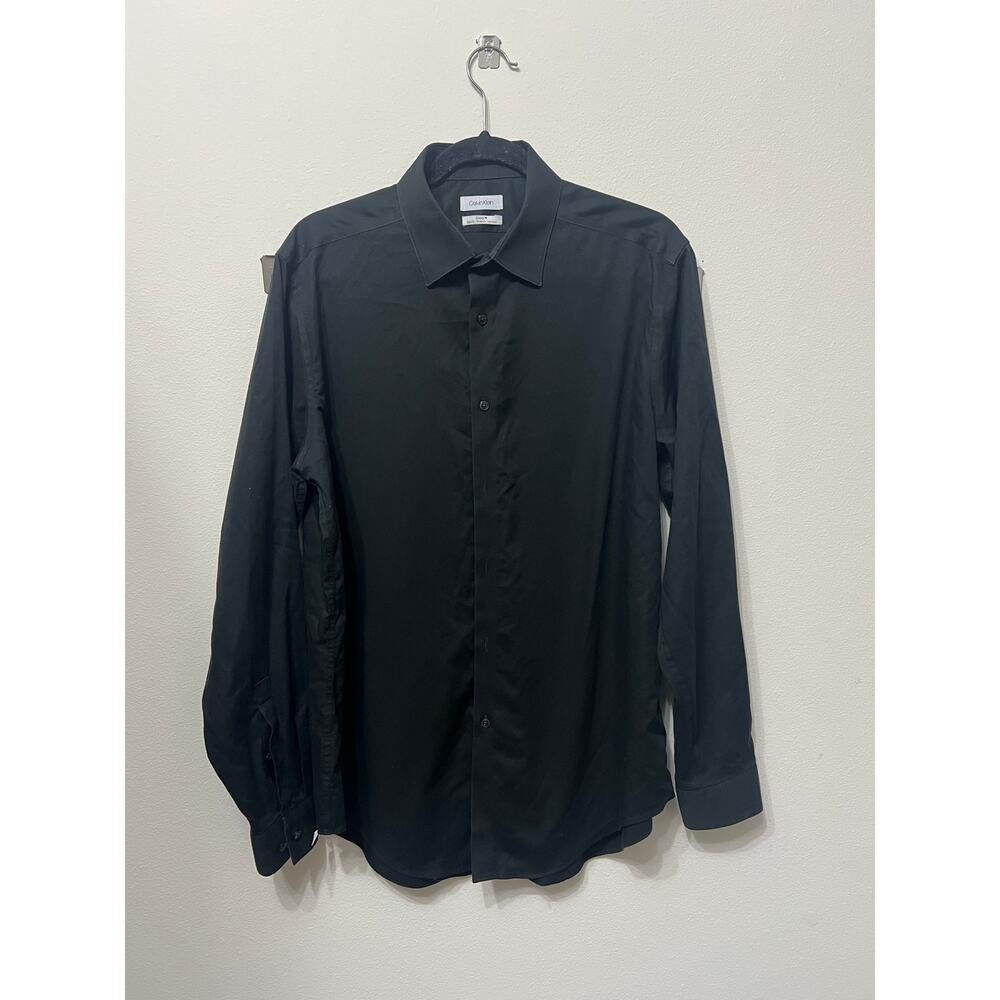 Worn CalvinKlein Men's Black Slim Fit No-Iron Button Down Dress Shirt 16.5x34/35